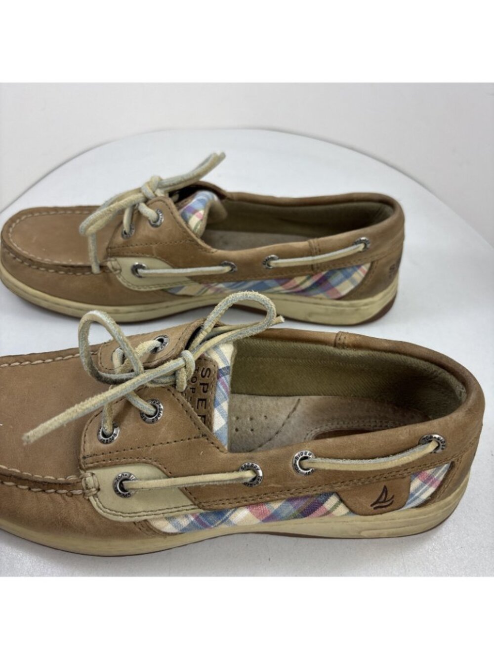 Sperry Top-sider Beige Leather Pastel Plaid Boat Shoes Size 7 - Picture 8 of 11